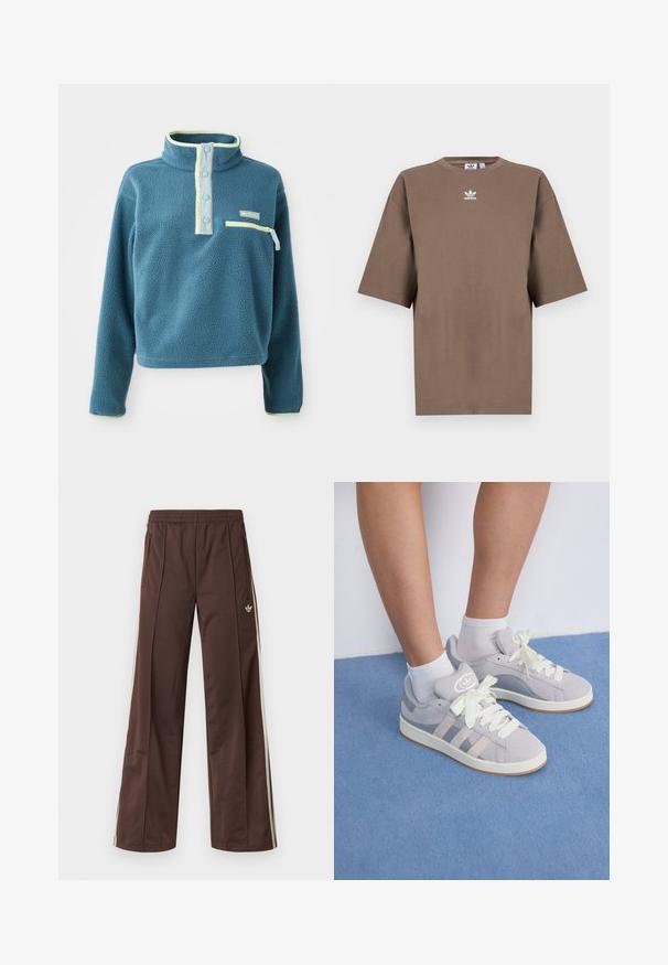 Teal színű bolyhos pulóver magas gallérral, négy gombos gombolással, cipzáras mellzsebbel és világoszöld díszítéssel a gallér mentén.; Barna pamut póló rövid ujjakkal, kerek nyakkal és fehér Adidas logóval a mellkason, egyszerű dizájnnal és laza szabással.; Barna sportnadrág széles szárú kialakítással, fehér oldalsávokkal, rugalmas derékpánttal és két oldalzsebbel. Kis logó található a lábon.; Szürke velúr sportcipők fehér fűzővel és gumi talppal, az oldalán három ferde csíkkal és a nyelvén logo folttal.