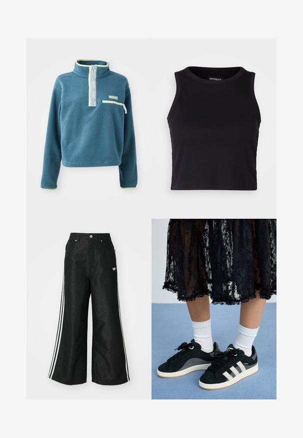Τιρκουάζ φλις πουλόβερ με ψηλό γιακά, που διαθέτει πατιλέτα με τέσσερις κουμπιά, τσέπη στο στήθος με φερμουάρ και ανοιχτό πράσινα στοιχεία κατά μήκος του γιακά.; Μαύρο ριγέ κοντό τοπ με στρογγυλή λαιμόκοψη και χωρίς μανίκια. Κατασκευασμένο από μαλακό, ελαστικό ύφασμα, με καθαρές, ραμμένες άκρες.; Μαύρο τζιν παντελόνι με φαρδιά πόδια, με τρεις λευκές ρίγες σε κάθε πλευρά και ένα μικρό λευκό λογότυπο. Διαθέτει εμπρόσθιες τσέπες και κούμπωμα με κουμπί.; Μαύρη δαντελένια φούστα περιγράφει άσπρες κάλτσες και μαύρες παπούτσια με ανοιχτό γκρί ρίγες σε μπλε φόντο, τονίζοντας μια κομψή και κα casual εμφάνιση.