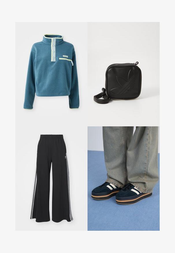 Turkos fleece-pullover med hög krage, med en fyrknapps placket, en zipplad bröstficka och ljusgröna detaljer längs kragen.; Svarta vida sweatpants med elastisk midje, med vita sidosträck och en broderad logotyp på vänster lår.; Mörkblå mocka plattformssneakers med vita randar och svarta snören. Har en tjock brun gummisula. Bärs med ljusblå denimbyxor.; Svart fyrkantig crossbody-väska i texturerat syntetmaterial. Har en präglad logodesign och justerbar rem. Dragkedjestängning.