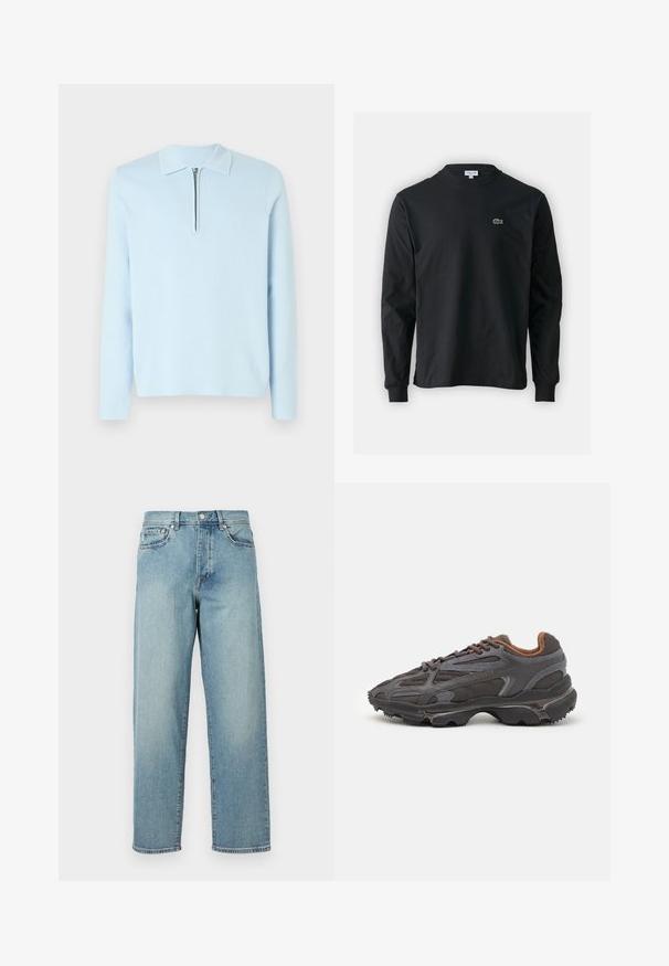 Fénykék hosszúujjú polo pulóver puha kötött anyagból, gallérral és fél cipzárral a nyakvonalnál. Simább textúra, minimalista dizájn.; Fekete hosszú ujjú pamut póló, kerek nyakkivágással, bal mellen egy kis zöld hímzett krokodil logóval.; Világoskék farmernadrág laza szabással, egyenes lábakkal, öt zsebes dizájnnal és gombos derékkal. Minimalista varrási részletek.; Sötét szürke Lacoste sportcipők hálós és szintetikus anyagból, textúrázott talppal és barna díszítésekkel a nyak részen és a logón.