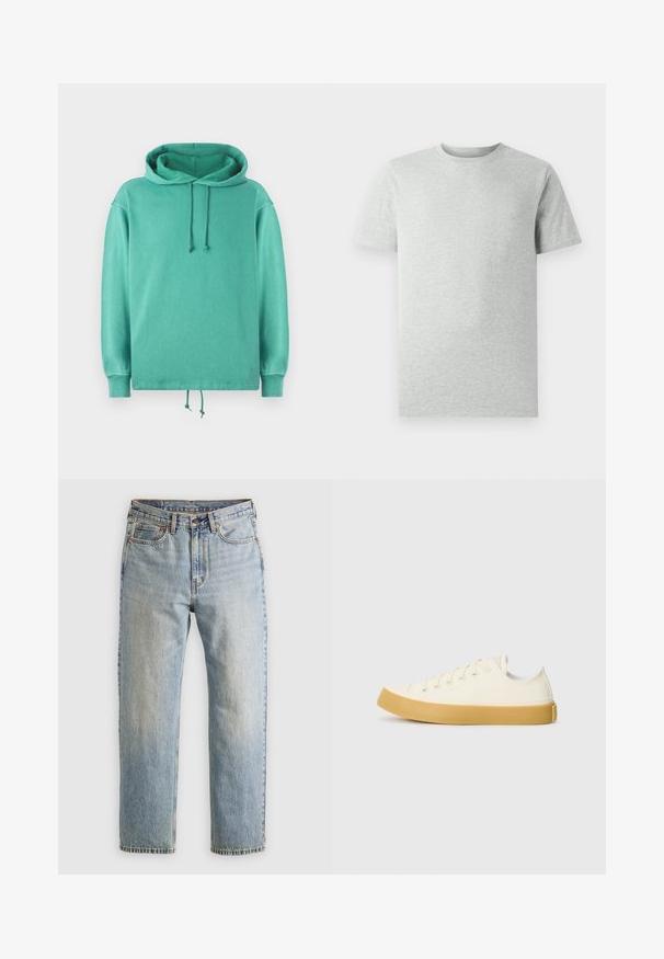 Η μίντ πράσινη φούτερ είναι φτιαγμένη από μαλακό ύφασμα με άνετη γραμμή. Διαθέτει ευρύ λαιμό, κορδόνια σύσφιξης και ραμμένα μανίκια.; Απλό ανοιχτό γκρι κοντομάνικο T-shirt με λαιμόκοψη σε λευκό φόντο, μπροστινή όψη χωρίς ορατά λογότυπα ή σχέδια.; Ανοιχτού μπλε τζιν παντελόνι με ψηλή μέση, μπροστινό κουμπί, φερμουάρ και σχεδίαση πέντε τσέπες, τοποθετημένο επίπεδα σε ουδέτερο φόντο.; Καμβάς αθλητικά παπούτσια σε εκρού απόχρωση με στρογγυλή μύτη, διαθέτοντας μπεζ λάστιχα σόλες και πέντε οπές για κορδόνια, με υφή στην επάνω επιφάνεια.