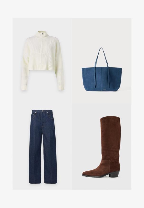 Suéter cropped em tom de creme, com gola em zip, textura canelada e mangas largas. O material parece suave e tricotado.; Calças de ganga de denim azul-escuro com um design de pernas largas, fecho de botão e cinco bolsos, com costura laranja em contraste.; Bota de camurça castanha até ao joelho com bico quadrado, superfície texturizada e salto baixo em bloco. Design simples, sem hardware ou detalhes visíveis.; Bolsa tote azul em camurça, com duas alças longas, formato retangular, textura suave, design minimalista, apresentando um logótipo discreto na frente.
