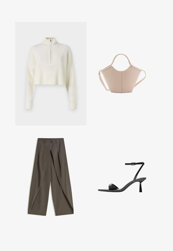 Kremowy, krótki sweter z zamkiem szyjnym, ryżowym splotem i szerokimi rękawami. Materiał wydaje się miękki i robiony na drutach.; Spodnie o szerokich nogawkach wykonane z teksturowanej, ciemnoszarej tkaniny. Posiadają fałdy z przodu, zapięcie na guzik oraz boczne kieszenie dla wygody.; Bershka - Sandały na obcasie; Beżowa skórzana torebka o unikalnym kształcie, z dwoma krótkimi uchwytami i długim, regulowanym paskiem. Gładka tekstura z minimalną ilością elementów metalowych.