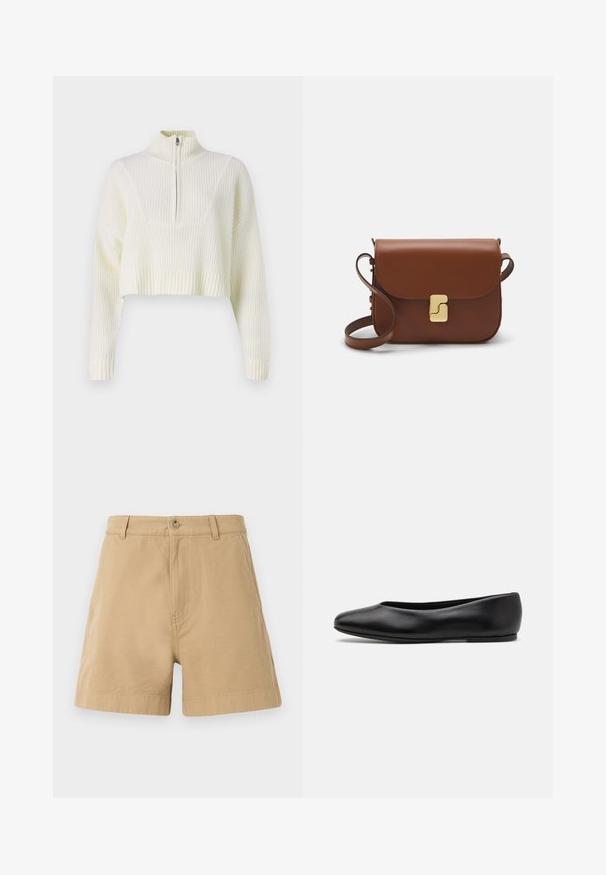 Cream-colored cropped sweater featuring a zip neck, ribbed texture, and wide sleeves. Material appears soft and knit.; Beige shorts made of cotton, featuring a classic design with a front button closure and belt loops. Smooth texture with side pockets.; Paul Smith TOPANGA - Ballet pumps - black; Brown leather handbag with a flap closure, gold-tone hardware, a shoulder strap, and a smooth texture. Compact rectangular shape.