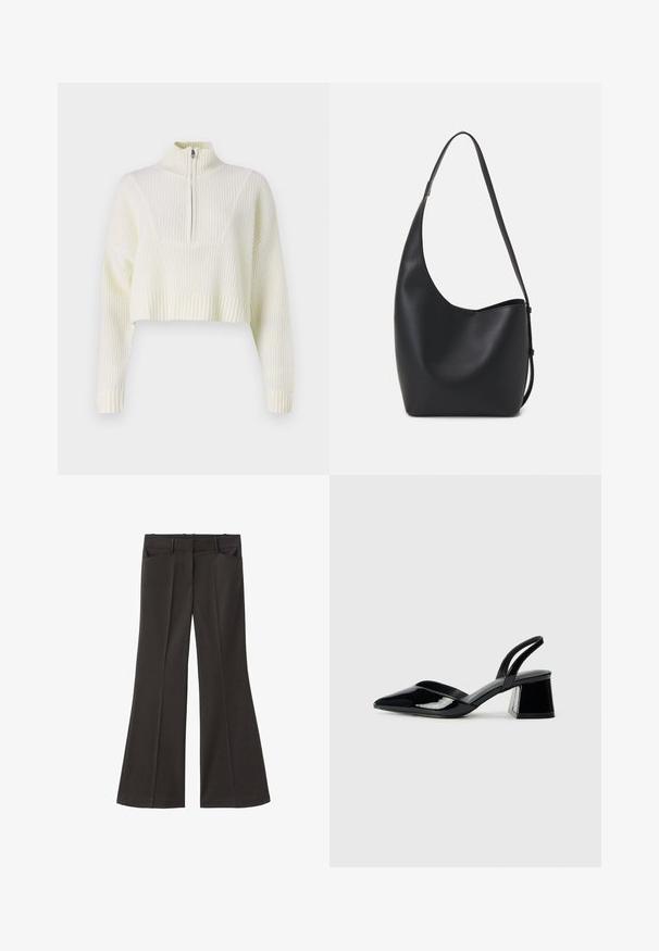 Cremfarbener, gepunkteter Pullover mit Reißverschlusskragen, gerippter Textur und weit geschnittenen Ärmeln. Das Material wirkt weich und gestrickt.; Schwarze, weit geschnittene Hosen mit hoher Taille; verfügt über zwei Fronttaschen und eine glatte Stoffoberfläche. Geeignet für verschiedene Anlässe.; Schwarze Lackleder-Slingback-High Heels mit spitzem Schuh und einem geometrischen Blockabsatz. Verfügt über ein schlankes, minimalistisches Design und eine glatte Textur.; Schwarze Leder-Hobo-Tasche mit einer glatten Textur, geschwungener Form und einem einzelnen verstellbaren Tragegurt; verfügt über eine weite Öffnung am oberen Ende.