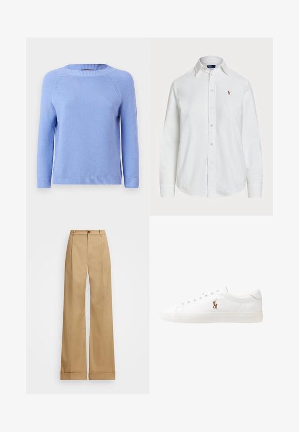 Hellblau gestrickter Pullover mit langen Raglanärmeln, rundem Ausschnitt und geripptem Saum. Weiche Textur mit einem einheitlichen Muster über die gesamte Fläche.; Weißes Button-Down-Hemd aus Baumwolle mit klassischem Kragen, langen Ärmeln und kleinem gesticktem Logo auf der Brust. Strukturiertes Material.; Beige weite Beinhosen mit Knopfverschluss, die eine glatte Textur und gebügelte Falten aufweisen. Mit umgeschlagenen Säumen für zusätzliche Details.; Weiße Leder-Sneaker, niedrig geschnitten, mit glatter Textur, runder Zehenpartie, Schnür vorne und kleinem gesticktem Logo an der Seite.