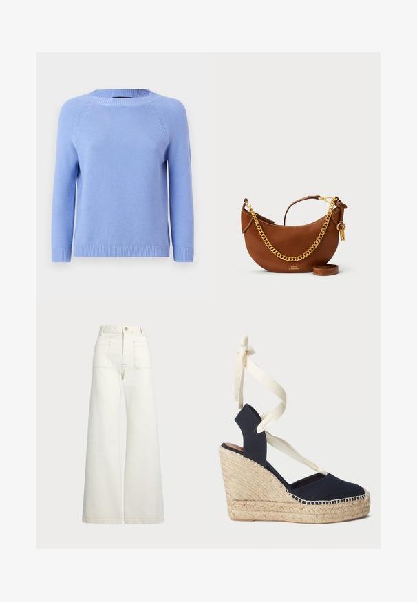 Light blue knitted sweater with long raglan sleeves, rounded neckline, and ribbed hem. Soft texture with a uniform pattern throughout.; Wide-leg jeans in off-white denim. High-waisted design with a button closure, two front pockets, and contrast stitching details.; Navy canvas wedge sandal with an espadrille rope outsole and cream ribbon ties at the ankle. Closed heel and round toe design.; Brown leather handbag with a curved design, gold chain strap, interior pocket, and a detachable shoulder strap. Features contrasting stitching.