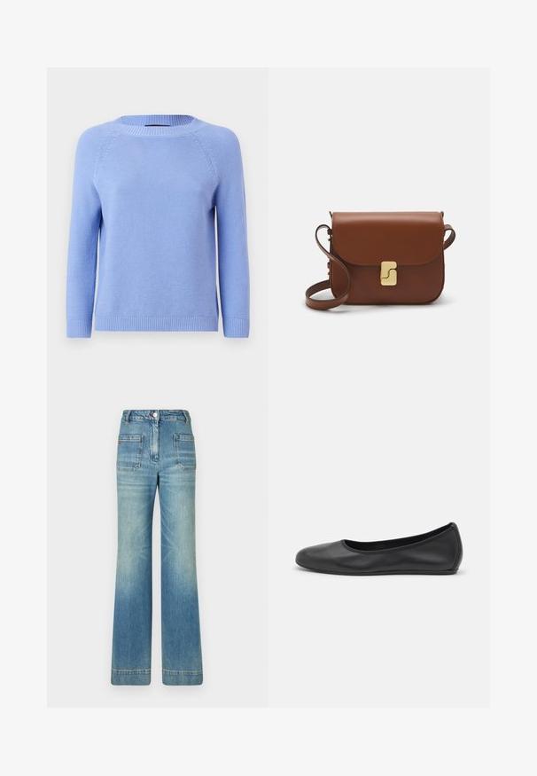 Vaaleansininen neulepullover, jossa on pitkät raglan-hihat, pyöreä pääntie ja ribbaushelma. Pehmeä rakenne, jossa on tasainen kuvio koko ajan.; Vaaleansiniset farkut leveällä lahkeella, joissa on viisi taskua, vyölenkit, nappisulku ja hieman haalistunut pinta, sekä punainen logotyyppitys takana.; Musta nahkainen ballerina, jossa on pyöristetty kärki, sileä pinta, minimaalinen ommelkoristelu ja joustava pohjamuotoilu.; Ruskea nahkainen käsilaukku, jossa on läppäkiinnitys, kultasävyiset yksityiskohdat, olkahihna ja sileä pinta. Kompaktin suorakaiteen muotoinen.