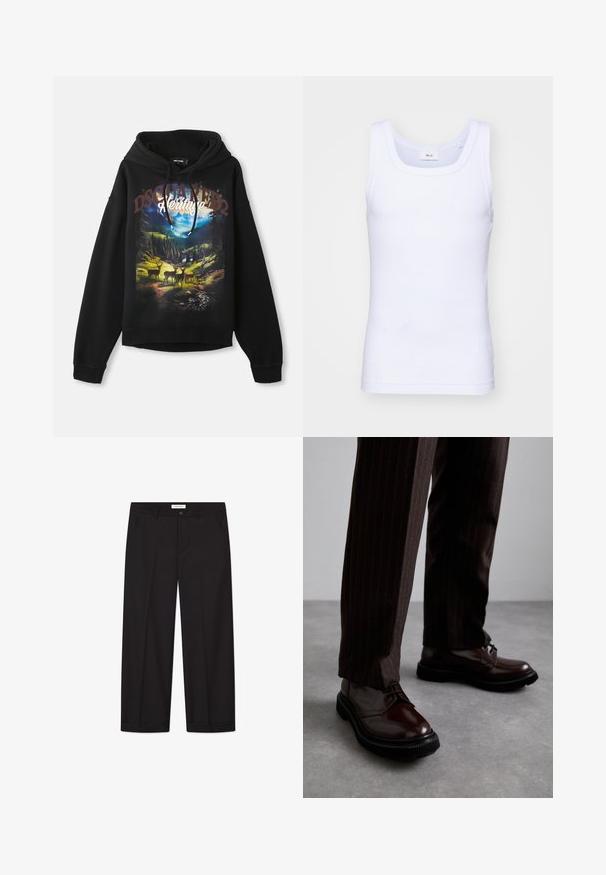 Black hoodie featuring a nature-themed graphic with deer and mountains. Drawstring hood, long sleeves, and relaxed fit. Soft cotton fabric.; White cotton sleeveless tank top with a round neckline, featuring a smooth texture and a fitting shape, designed for casual wear.; Black wide-leg trousers made of smooth fabric. Features a button and zipper closure, two front pockets, and a crisp hem finish.; Brown leather lace-up shoes with a glossy finish, black rubber sole, and subtle stitching. Worn with pinstriped brown trousers.