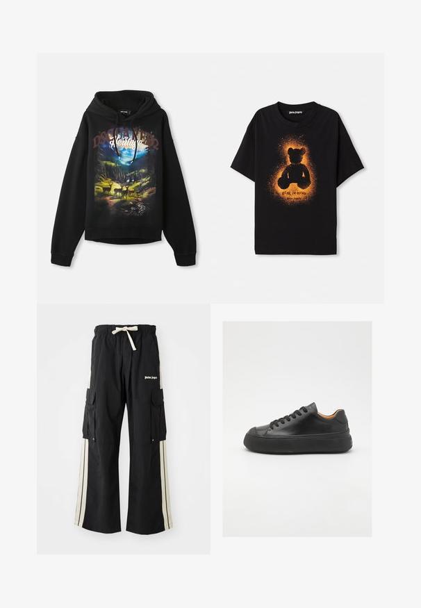 Hoodie nero con grafica a tema naturale che presenta cervi e montagne. Cappuccio con lacci, maniche lunghe e vestibilità rilassata. Tessuto in morbido cotone.; T-shirt in cotone nero con la silhouette di un orso arancione, con un effetto alone testurizzato. La parte anteriore include il testo "BEAR IN MIND."; Pantaloni cargo neri con cintura elastica e cordino, caratterizzati da bande laterali crema, numerose tasche e dettaglio logo sul davanti.; Sneaker in pelle nera con punta tonda, allacciatura frontale, superficie liscia, suola in gomma spessa e interno a contrasto color nocciola.