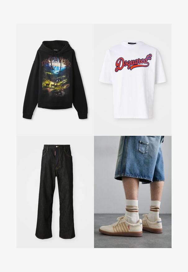 Sudadera negra con un diseño inspirado en la naturaleza que presenta ciervos y montañas. Capucha con cordón, mangas largas y corte relajado. Tela de algodón suave.; Camiseta blanca de algodón con cuello redondo, que presenta un destacado logotipo bordado en azul y rojo de "Dsquared²" en la parte delantera. Manga corta.; Jeans negros de pierna recta con costuras amarillas, diseño de cinco bolsillos, cierre de botón y una pequeña etiqueta roja en el bolsillo derecho delantero.; Zapatillas retro beige con suela de goma marrón, que presentan acentos a rayas y logotipos bordados. Llevadas con calcetines blancos, con detalle a rayas marrones.