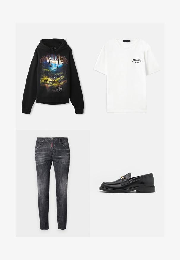 Zwarte hoodie met een natuurthema grafiek van herten en bergen. Met een trektouw capuchon, lange mouwen en een relaxed fit. Zachte katoen stof.; Witte katoenen T-shirt met een ronde hals, korte mouwen en een zwart geborduurd logo met de tekst "DSQUARED2 MILANO" op de linker borst.; Donkergrijze denim jeans met een slim fit, subtiele vervaging, slijtageplekken op de dijen, vijf zakken en een contrasterend rood label detail.; Zwarte leren instappers met een ronde neus, voorzien van een gouden hardware accent en stikdetails, geplaatst op een lage, getextureerde rubberen zool.