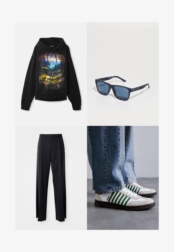 Melna kapuce ar dabas tēmu grafiku, kurā attēloti staltbrieži un kalni. Ar pievilkšanas kapuci, garām piedurknēm un brīvu piegriezumu. Mīksta kokvilnas auduma.; Melnas, augstās vidukļa bikses ar platām kājām, izgatavotas no gludas auduma. Iezīmē priekšējās krokas un jostas cilpas. Minimalistisks dizains, bez redzamām detaļām.; Balds un zaļš apavi, izgatavoti no zamšādām un ādas, ar zaļām svītrām, baltām auklām un gumijas zoli. Stilizēti ar zilām džinsiem.; Zilie taisnstūra saulesbrilles ar tumšiem stikliem, matēta jūras zila ietvaros, logo detaļa uz tempļa, taisnas rokas un cieta, gluda virsma.