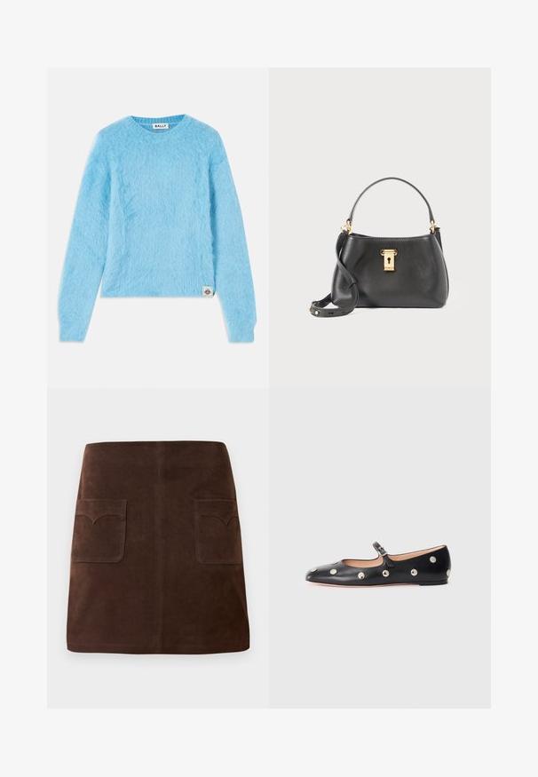 Un pull bleu clair et duveteux fabriqué à partir d'un matériau doux. Il présente un col rond et des manches longues. Une petite étiquette de marque en bas à gauche.; Jupe en suède marron présentant une silhouette A-line classique, deux poches avant avec des rabats arrondis et des détails de couture discrets.; Chaussure plate en cuir noir type Mary Jane avec un bout arrondi, ornée de clous ronds en argent et dotée d'une sangle réglable avec une boucle.; Sac à main en cuir noir avec une finition texturée, présentant une fermeture à verrou doré, une courte poignée et une bandoulière détachable.