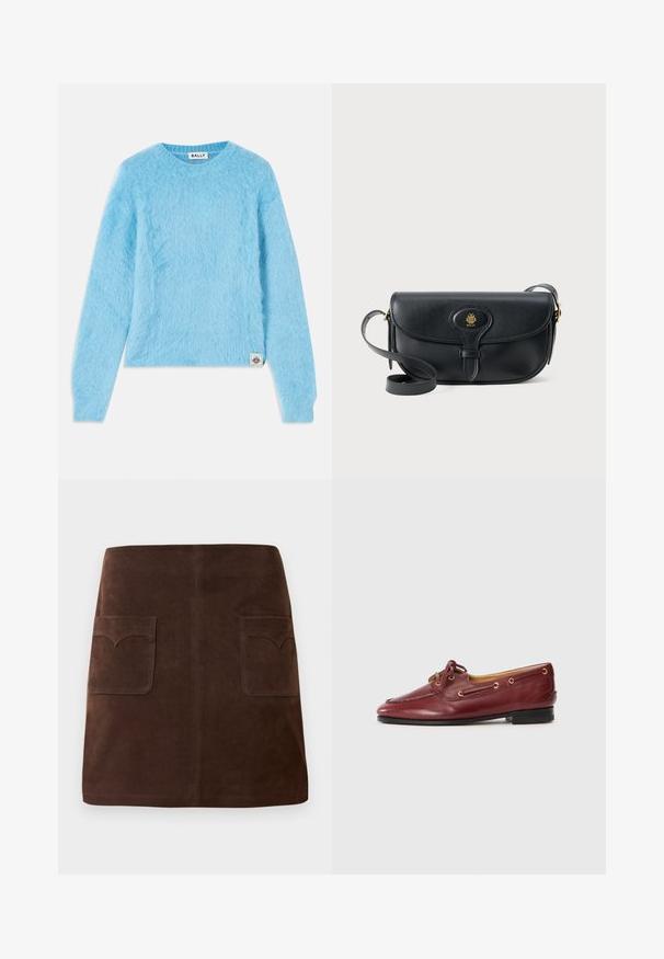 Hellblauer, flauschiger Pullover aus weichem Material. Mit Rundhalsausschnitt und langen Ärmeln. Kleines Markenetikett am unteren linken Rand.; Brauer Wildlederrock im klassischen A-Linien-Schnitt, mit zwei vorderen Taschen mit abgerundeten Klappen und dezenten Nähten.; Bordeauxfarbene Lederbootschuhe mit runder Spitze, Schnürdesign, goldenen Ösen und einer niedrigen schwarzen Sohle. Glatte Textur mit Nähdetails.; Schwarze Leder-Crossbody-Tasche mit einem Klappenverschluss und goldenen Logodetails. Verfügt über einen langen Riemen und eine glatte Textur.