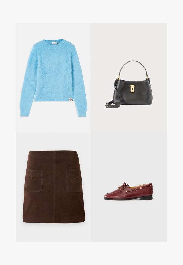 Maglione azzurro chiaro e soffice, realizzato in un materiale morbido. Presenta un collo rotondo e maniche lunghe. Piccola etichetta di marca in basso a sinistra.; Gonna in suede marrone con una classica forma a campana, due tasche frontali con alette arrotondate e dettagli di cucitura sottili.; Mocassini da barca in pelle borgogna con punta rotonda, design con lacci, occhielli dorati e suola nera bassa. Texture liscia con dettagli di cucitura.; Borsa a mano in pelle nera con una finitura testurizzata, dotata di chiusura a lucchetto dorato, manico corto e tracolla staccabile.
