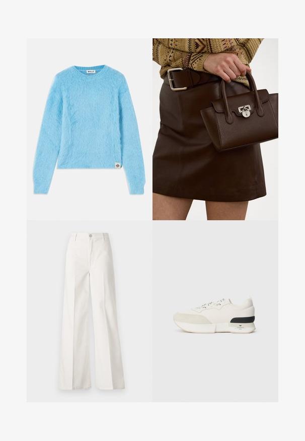 Pulover fuzzy de culoare albastru deschis, confecționat dintr-un material moale. Prezintă un decolteu rotund și mâneci lungi. Etichetă mică de marcă în partea stângă jos.; Pantaloni albi cu picioare largi, confecționați din bumbac cu o textură fină. Prezintă un buton în față, fermoar și un design cu patru buzunare.; Adidași albi cu vârf din suede texturat, parte superioară din plasă netedă, șireturi decorative și un accent din cauciuc negru la toc.; Geantă din piele maronie cu un finisaj texturat și accesorii din argint, ținută cu o mână lângă o fustă din piele maronie și un pulover cu model.