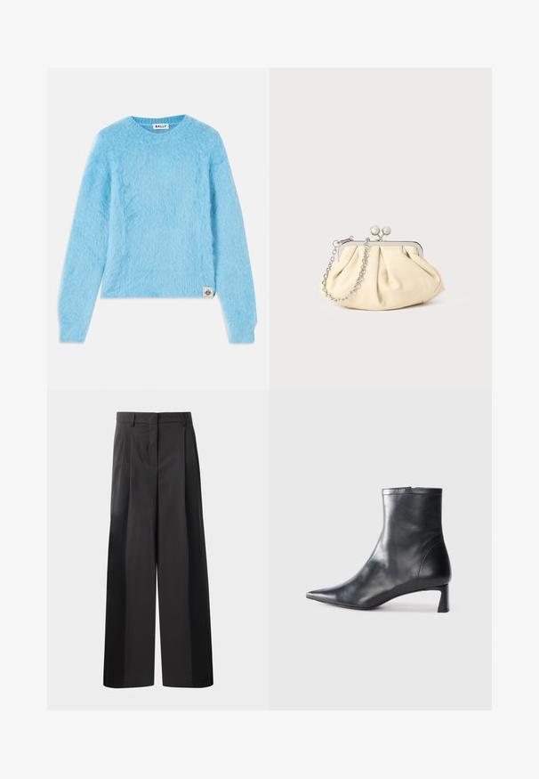 Un pull bleu clair et duveteux fabriqué à partir d'un matériau doux. Il présente un col rond et des manches longues. Une petite étiquette de marque en bas à gauche.; Pantalon large noir avec une taille haute, doté de plis avant, d'une texture lisse et d'une finition ajustée. Conçu pour un ajustement décontracté.; Bottine en cuir noir avec un bout pointu et un design épuré. Présente un petit talon et une fermeture éclair à l'arrière. Texture lisse.; Pochette en cuir beige plissé avec un cadre en métal argenté, dotée de deux fermoirs ronds décoratifs et d'une chaîne en argent.