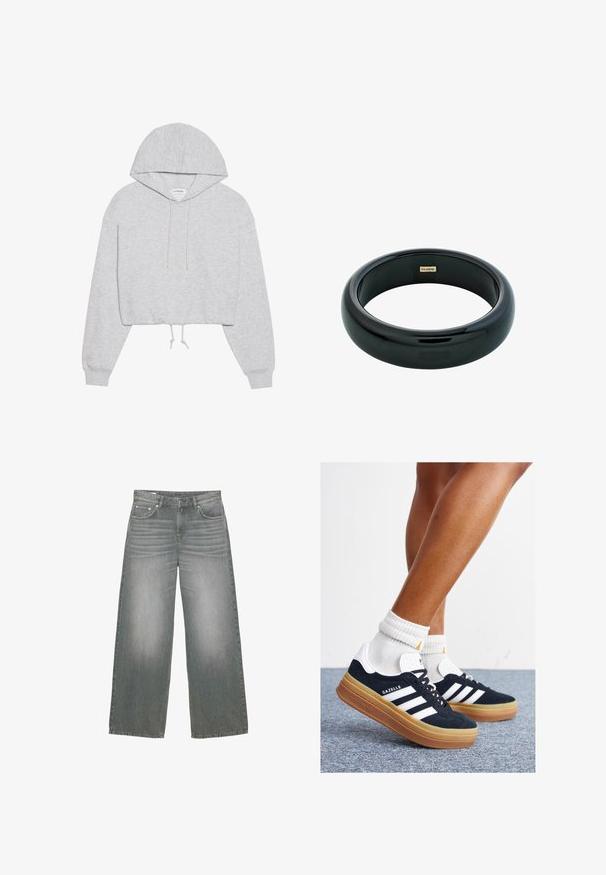 Šedá zkrácená mikina s kapucí vyrobená z měkké látky, s šňůrkami na stažení, dlouhými rukávy a ribbovanými manžetami. Jednoduchý design bez vzorů nebo grafik.; Šedé džíny s širokými nohavicemi, které mají mírně vybledlou texturu, design se pěti kapsami a klasické zapínání na knoflík a zip.; Černé semišové tenisky s bílými pruhy a detaily, zaoblenou špičkou, podrážkou z gumy barvy žvýkačky, doplněné bílými žebrovanými ponožkami ke kotníkům.; Černý pryskyřicový náramek s hladkým, lesklým povrchem a zaoblenými okraji. Na vnitřní straně se nachází malé zlaté logo "Pilgrim".