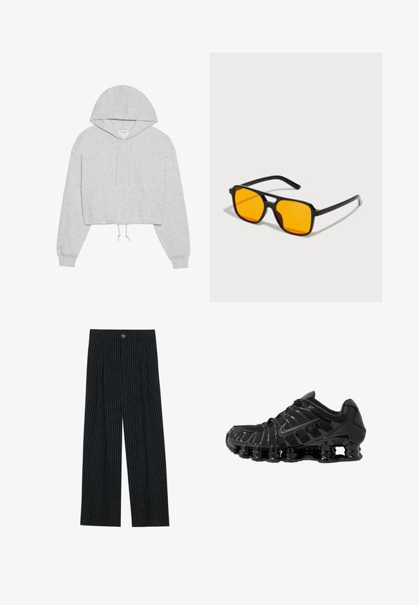 Pelēks krope hoodie, izgatavots no mīkstas auduma, ar kapuci ar aukliņu, garām piedurknēm un ribotām aprocēm. Vienkāršs dizains bez rakstiem vai grafikām.; Melnas svītrainas platās bikses, izgatavotas no teksturētas auduma, ar priekšējo pogu aizdari un plisētu dizainu papildu interesei.; Melnas sporta kurpes ar sietveida augšdaļu un spīdīgām virsmas daļām. Iezīmēta ar izliekta spirāla spilvenu un teksturētām līnijām sānos. Redzams Nike logo.; Melni taisnstūra saulesbrilles ar spilgti oranžām lēcām. Iespējota unikāla tilta dizainu un slaidas kājas, izgatavotas no viegla materiāla.