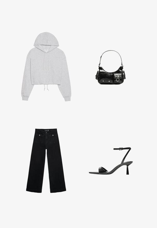 Felpa grigia cropped realizzata in morbido tessuto, con cappuccio regolabile, maniche lunghe e polsini a costine. Design semplice, privo di motivi o grafiche.; Jeans neri a gamba larga con vita alta, dotati di due tasche frontali e dettagli in metallo sui bottoni. Il tessuto ha una texture liscia.; Bershka Sandali con tacco - black; Borsa a spalla in vernice nera con forma curvata, una tracolla, tasche frontali e dettagli in metallo argentato.