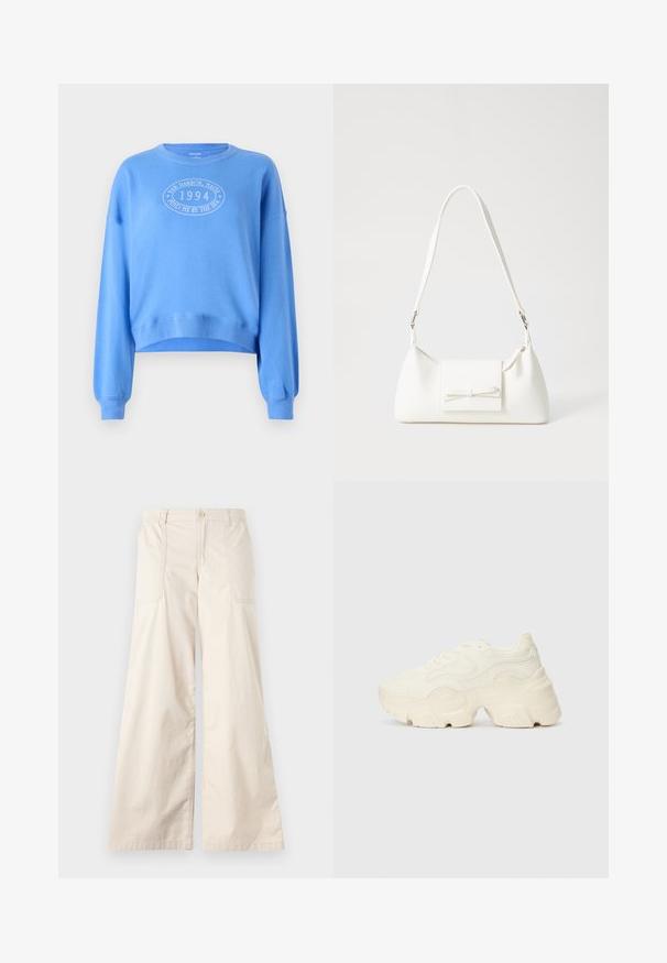 Sweatshirt azul curto feito de algodão macio, com mangas longas e gola redonda. A gráfica frontal inclui o texto "Bar Harbor, Maine 1994".; Calças largas bejes com fecho de botão, cintura elástica e dois bolsos laterais. Tecido de algodão suave com uma textura macia.; Sapatilhas brancas chunky feitas de malha texturizada e materiais sintéticos, apresentando uma sola espessa e detalhes de padrão intrincados ao longo dos lados.; Mala sintética branca com formato triangular, aba frontal plana e detalhe de laço, alça ajustável, textura suave e design minimalista.