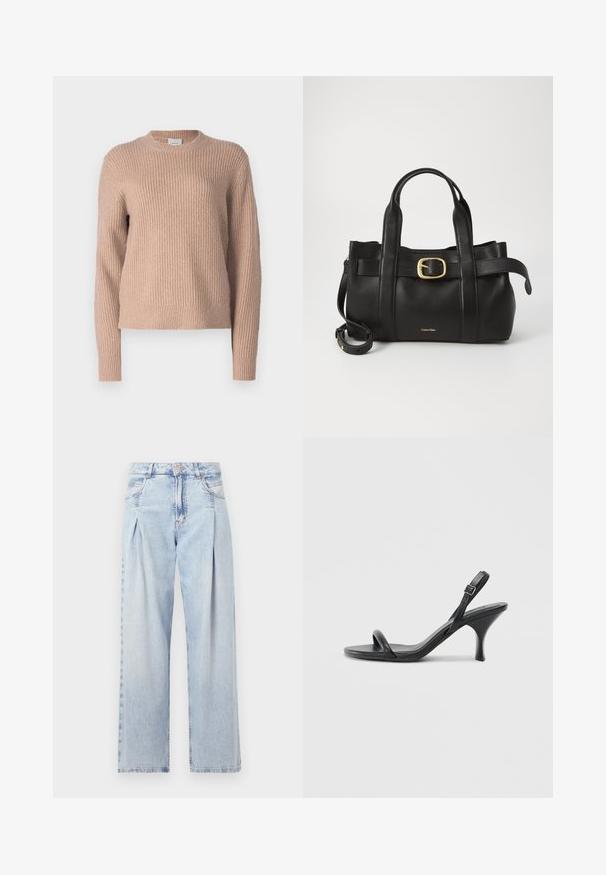 Helles rosa gestricktes Sweater mit gerippter Textur, Rundhalsausschnitt und langen Ärmeln. Einfaches Design ohne Muster oder Hardwaredetails.; Helle blaue Denim-Jeans mit hoher Taille, weitem Beinschnitt, zwei seitlichen Taschen und gefaltetem Design. Weiche Textur mit einem ausgebleichten Finish.; Schwarze Leder-Sandalen mit hohen Absätzen, schlankem, gebogenem Absatz und gekreuztem Riemendesign. Verstellbarer Knöchelriemen. Glatte Textur.; Schwarze Lederhandtasche mit strukturiertem Design, doppelten oberen Griffen, goldfarbenem Schnallenakzent und geprägtem Markenlogo auf der Vorderseite.
