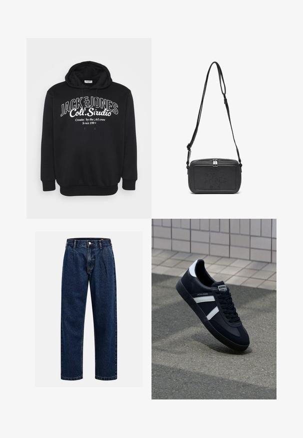 Črna kapuca s vrvico in rebrastimi manšetami. Na sprednji strani je središčna bela besedilna oznaka "JACK & JONES Coll. Studio".; Temno modri kavbojki iz denima s pravim krojem. Imajo vidno šivanje, zapenjanje na gumb in sprednje plitke za dodaten detajl.; Črne usnjene superge z belimi črtami, teksturiran gumijast podplat in zavezovanje spredaj. Imajo označeno oznako na ježku.; Črna usnjena torbica čez ramo z zadrgo, embosirano logotipom spredaj in nastavljivim pasom. Gladka površina z pravokotno obliko.