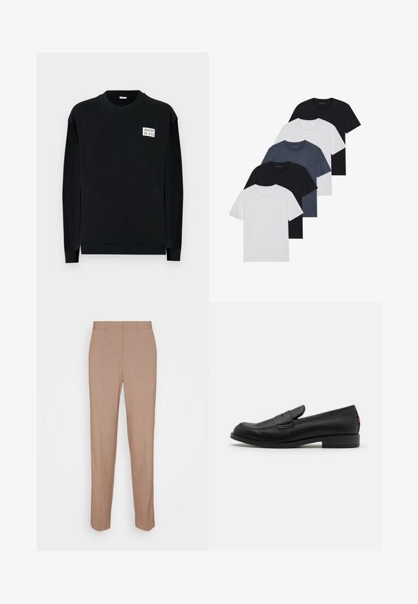 Must must, pehmeast kangast, klassikalise ümarakaeluse ja pikkade varrukatega. Ees vasakul rinnal on dekoratiivne logo kleebis.; Viie t-särgi komplekt mustas, valges ja tumesinisest. Puuvillane kangas, lühikesed varrukad, ümar kaelaauk ja ühtlane tekstuur ilma mustriteta.; Beežid viimistletud püksid siledas, tekstuuriga kangas. Sirge lõige koos vööjoonega, ilma nähtavate kaunistuste või taskuteta.; Mustad mustad nahast loaferid siledast viimistlusest, ümmargune nina ja väike dekoratiivne klapp. Omab madalat kokkupandud kontsa ja diskreetset brändingut.