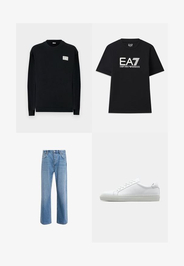 Hanorac negru din material moale, cu guler rotund și mâneci lungi. Patch decorativ cu logo pe partea stângă a pieptului.; Tricou negru din bumbac, cu guler rotund și mâneci scurte. Logo-ul brodat "EA7 EMPORIO ARMANI" în alb pe partea din față.; Jeans din denim bleu deschis cu un design drept, cinci buzunare, închidere cu buton, decolorare minimă și detalii de cusătură în contrast.; Adidași albi cu o suprafață din piele netedă și un profil jos. Au un vârf rotunjit, șase orificii pentru șireturi și o talpă din cauciuc texturată.