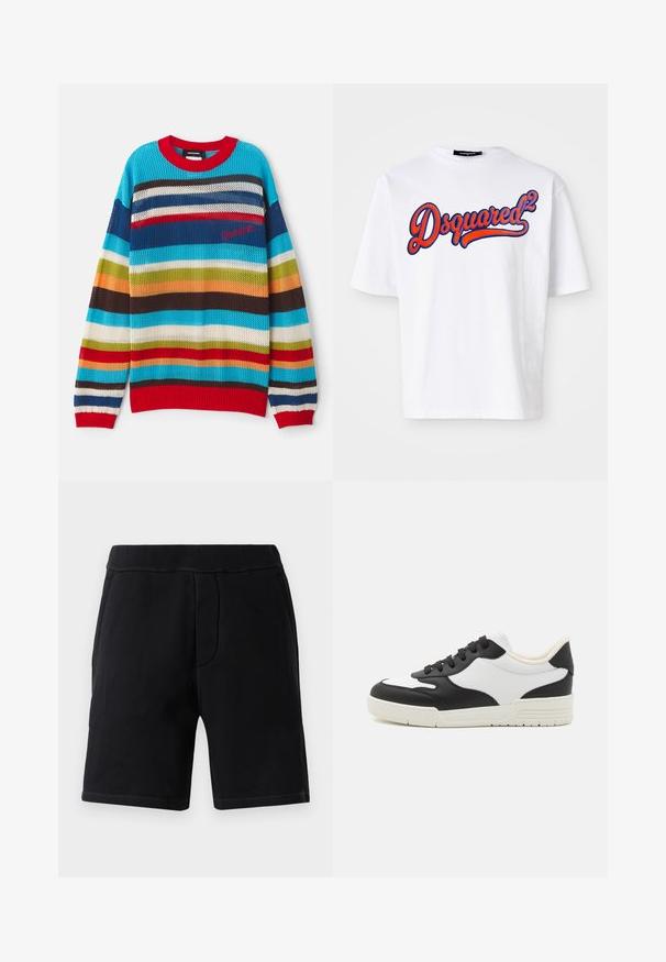 Pull en tricot multicolore avec des rayures horizontales bleues, rouges, vertes et brunes. Encolure et poignets côtelés rouges. Tissage léger et aéré.; T-shirt en coton blanc avec col rond, arborant un logo "Dsquared²" brodé en bleu et rouge sur le devant. Manches courtes.; Shorts de sport noirs en matériau doux ; dotés d'une taille élastique, de deux poches latérales et de surpiqûres contrastantes.; Baskets noir et blanc avec une tige en cuir lisse, bout arrondi et semelle en caoutchouc plate. Dotées de lacets noirs et d'une doublure intérieure douce.