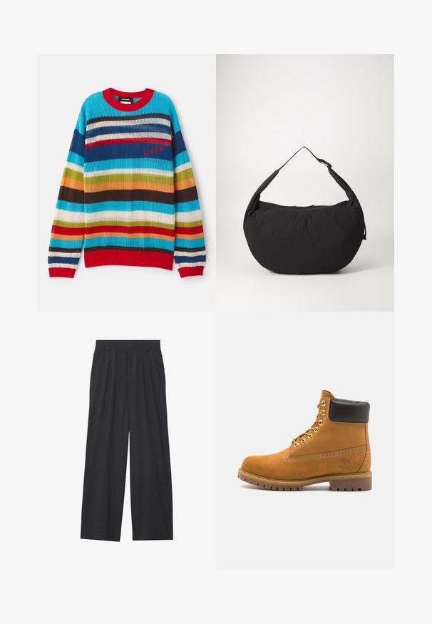 Multicolored knit sweater featuring horizontal stripes in blue, red, green, and brown. Red ribbed neckline and cuffs. Lightweight open weave.; Wide-leg trousers made of dark gray fabric. Features pleats at the waist, a tailored design, and a straight silhouette.; Tan suede ankle boot with black padded collar, gold metal eyelets, white stitching detailing, and rugged rubber sole with pronounced treads.; Black fabric shoulder bag with a curved shape, featuring a single strap and a zippered closure. Soft texture, minimalist design.