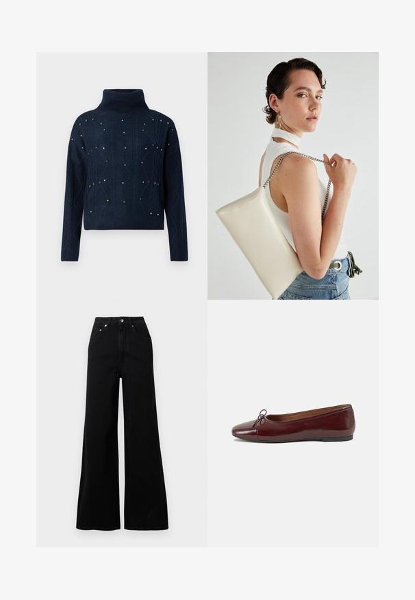 Mörkblå tubhalsad tröja med kabelstickad design och spridda, dekorerande nitar. Har långa ärmar och en avslappnad passform.; Svarta jeans med vida ben i denim, med hög midja, fem fickor, knäppning framtill och minimalistiska söm-detaljer.; Burgunderfärgad lackläderballettskor med rund tå, liten rosettdekoration fram och en låg, svart gummisula. Slät textur.; Vitt rektangulärt clutch-väsk i glänsande material, med en kedjesnor i silver. Modellen poserar och visar upp väskan mot en neutral bakgrund.