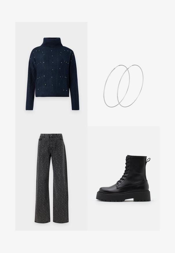 Navy turtleneck sweater with cable knit design and scattered decorative studs. Features long sleeves and a relaxed fit.; Noisy May NMJANNEL LOOSE - Relaxed fit jeans - black denim; Black leather ankle boots with a round toe, lace-up front, and a thick rubber sole featuring a textured tread. Pull tab at the back.; Silver hoop earrings with a minimalist design. Circular shape, smooth texture, and thin profile. Lightweight with a polished finish.