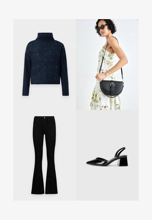 Pulover cu guler înalt de culoare bleumarin, cu un design împletit în cablu și cu aplicații decorative de tip studs disperse. Are mâneci lungi și o croială lejeră.; Jeans negri cu talie înaltă, cu închidere prin nasture și fermoar, buzunare frontale și picioare evazate, așezați pe un fundal alb.; Pantofi cu toc slingback din piele lacuită neagră, cu vârf ascuțit și toc geometric. Prezintă un design elegant, minimalist și o textură netedă.; Geantă din piele neagră, cu o formă curbată, curea detașabilă și accesorii aurii. Geanta are un capac cu un detaliu tip cataramă.
