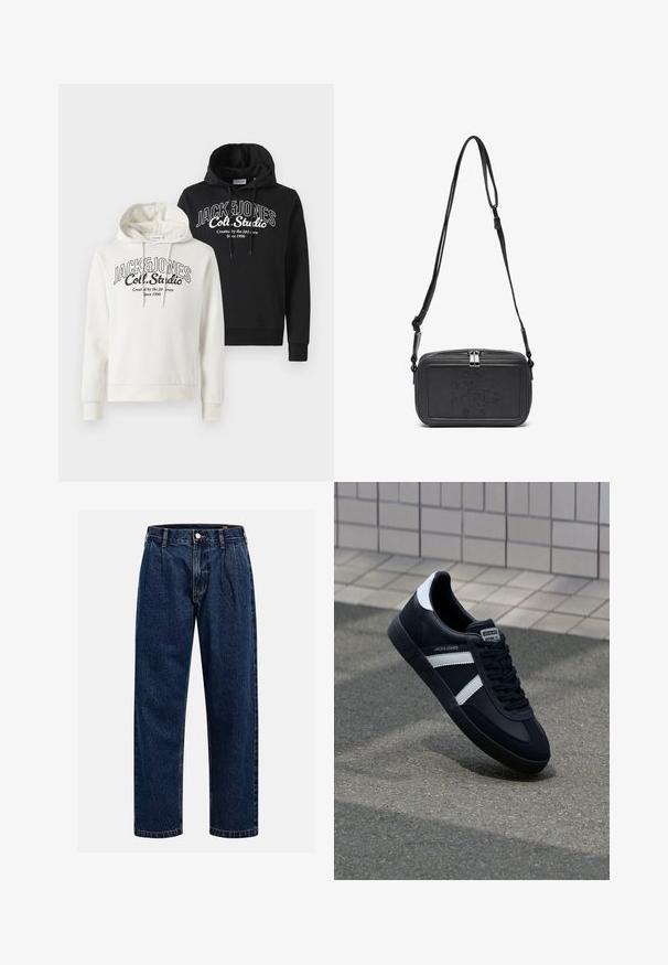 Kaks kapuutsiga särki üksteise peal, üks kreemivärvi musta graafilise tekstiga, teine must sarnase tekstiga. Pehme kangas, soonik käised ja alläär.; Tumed sinine denimiteksad sirge lõikega. Omavad nähtavat tikandit, nuppe sulgemiseks ning ees olevaid voldikesi lisadetailiks.; Must have musta sneaker musta valgete triipudega, tekstuurne kummitald ja nööridega esiosa. Omab bränditud märki keele peal.; Musternast mustriga nahast ristiõlgadega kott, millel on tõmbluku sulgemine, esiküljel on sissepressitud logo ja reguleeritav rihm. Sile tekstuur ja ristkülikukujuline kuju.