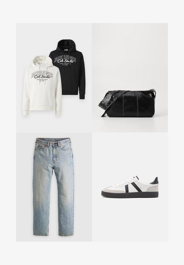 Dvě mikiny s kapucí naskládané na sobě, jedna krémová s černým grafickým textem, druhá černá se podobným textem. Měkká látka, žebrované manžety a lem.; Svetle modré džíny z denimu s vysokým pasem, předním knoflíkem, zipem a designem s pěti kapsami, ležící rovně na neutrálním pozadí.; Bílé tenisky s černými a šedými akcenty, opatřené texturovaným šedým prstovým krytem, černou gumovou podrážkou a plochými bílými tkaničkami. Čistý design, minimalistický styl.; Černá kožená kabelka přes rameno se zapínáním na zip, s texturovaným tělem, bílým prošíváním a popruhem se stříbrnými očky.
