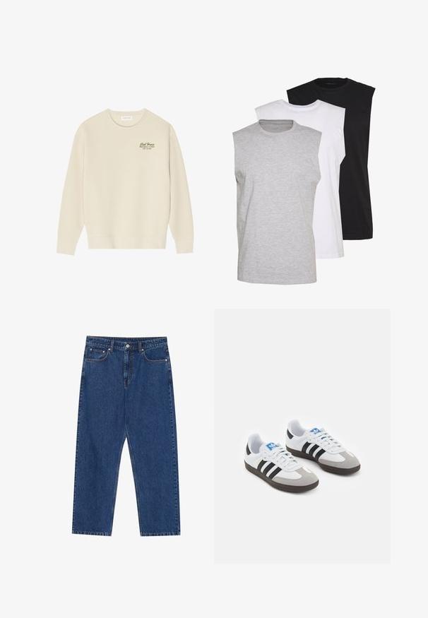 Κρέμα φόρμα φτιαγμένη από μαλακό ύφασμα, με στρογγυλή λαιμόκοψη, μακριά μανίκια και εκτύπωση στο στήθος σε σκούρο πράσινο χρώμα.; Τρία αμάνικα μπλουζάκια σε γκρι, λευκό και μαύρο. Απαλό βαμβακερό υλικό με στρογγυλή λαιμόκοψη και άνετη εφαρμογή. Απλός σχεδιασμός, χωρίς μοτίβα.; Μπλε τζιν παντελόνια, με ίσια κοπή, μπροστινές τσέπες και κουμπί με αντίθεση στη ραφή σε όλη την επιφάνεια.; Αθλητικά παπούτσια με άσπρη δερμάτινη πάνω επιφάνεια, γκρι σουέτ μύτη και τρεις μαύρες ρίγες. Διαθέτουν μπλε λογότυπο στη γλώσσα και υφασμένο καουτσούκ σόλα.