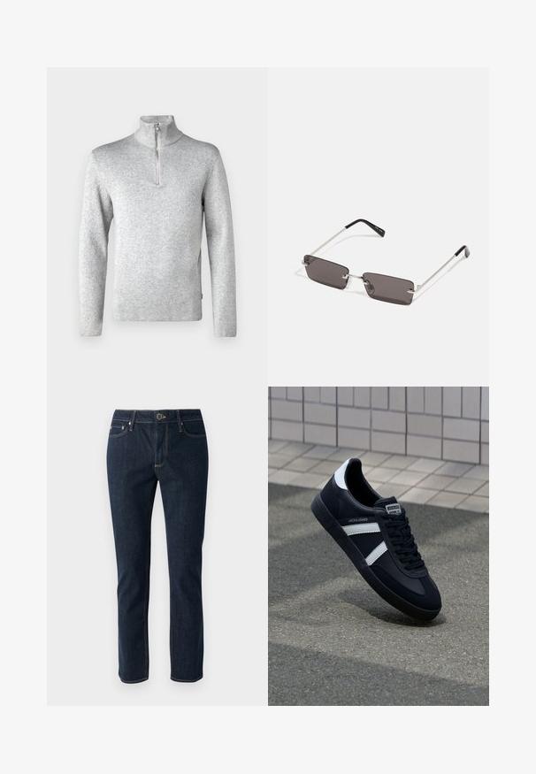Jack & Jones PREMIUM JPRBLAMILANO HALF ZIP - Pulover - light grey melange; Temno modri jeans s ravnim krojem, ki vključujejo gumb za zapiranje, pet žepov in kontrastno šivanje. Gladka tekstura.; Črne usnjene superge z belimi črtami, teksturiran gumijast podplat in zavezovanje spredaj. Imajo označeno oznako na ježku.; Očala za sonce s pravokotnimi, temno sivimi lečami, srebrnimi kovinskimi okvirji in črnimi plastičnimi konicami na ročajih. Lahka zasnova z nosnimi blazinicami.