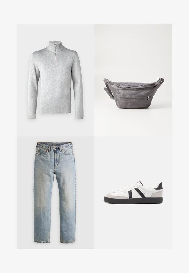 Jack & Jones PREMIUM JPRBLAMILANO HALF ZIP - Pulover - light grey melange; Jeans din denim de culoare albastru deschis, cu talie înaltă, nasture frontal, fermoar și design cu cinci buzunare, așezate platesc pe un fundal neutru.; Sneaker alb cu accente negre și gri, având un capac de vârf gri texturat, talpă din cauciuc negru și șireturi plate albe. Design elegant, stil minimalist.; Borseta gri din suede, cu o formă rotunjită, două compartimente cu fermoar și curea ajustabilă. Are accente din metal.