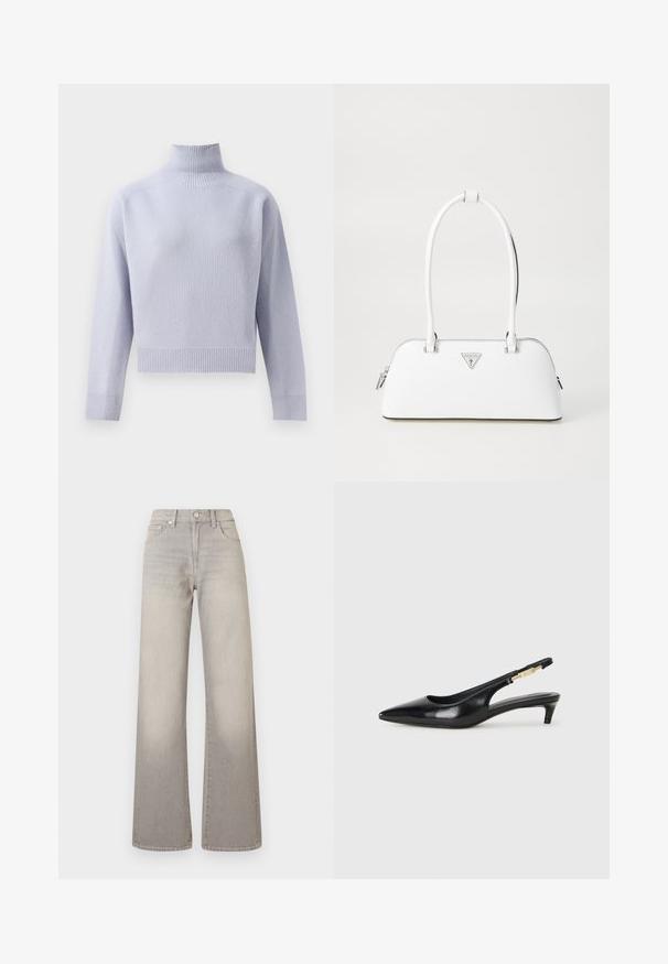 Light purple ribbed turtleneck sweater with long sleeves and a cropped hem, displayed on a white background.; Gray wide-leg jeans with a faded finish, button closure, five-pocket design, and stitched detailing along the seams.; Black leather slingback heels with a pointed toe, featuring a slim heel and a gold-tone accent on the adjustable strap. Smooth texture.; White leather handbag with a curved shape, featuring a silver triangular logo and zipper closure. Smooth texture and dual handles.