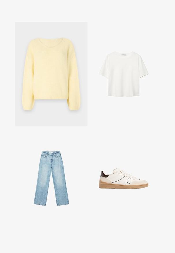 JDY JDYDINEA L/S REVERSIBLE - Pulover - pastel yellow; Bela kratka majica s kratkimi rokavi iz bombaža. Ima okroglo izrezovanje in sproščen kroj. Gladka tekstura brez vidnih vzorcev ali poudarkov.; Svjetloplave široke traperice s visokim strukom, s izblijedjelim pranjem i malim, raštrkanim oštećenjima po cijelom dijelu.; Stradivarius Športni copati - white