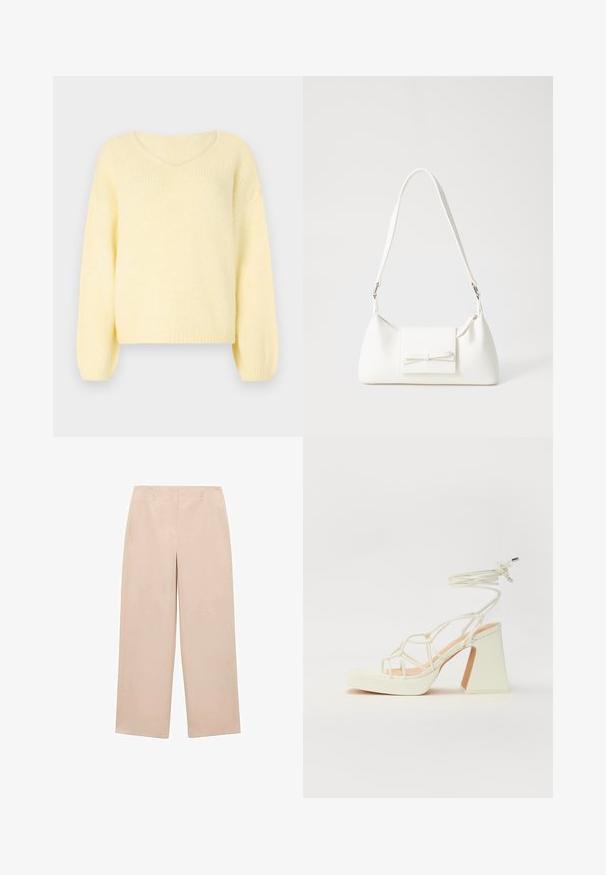 JDY JDYDINEA L/S REVERSIBLE - Pulover - pastel yellow; Pantaloni largi bej, confecționați dintr-un material neted, cu un față plată, bucle pentru curea și fără modele sau accesorii vizibile.; Sandale albe cu toc înalt și gros, cu un design cu curele și legătură la gleznă. Textură netedă, cu o platformă frontală pentru înălțime suplimentară.; Geantă sintetică albă, cu formă triangulară, capac frontal plat și detaliu cu fundă, curea ajustabilă, textură netedă și design minimalist.