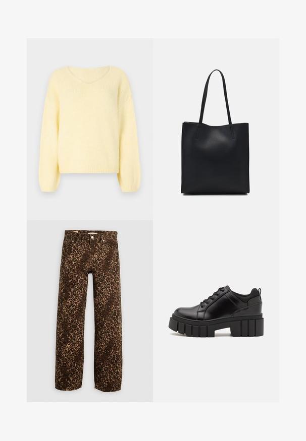 JDY JDYDINEA L/S REVERSIBLE - Camisola - pastel yellow; Calças largas de ganga com padrão de leopardo em castanho e bege. Feitas de ganga, apresentam um design clássico de cinco bolsos e detalhes em metal.; Sapatos de plataforma em couro preto com um salto bloco robusto, bico redondo e design clássico de atacadores. Apresentam uma textura suave e detalhes mínimos.; Bolsa tote preta em couro com textura lisa, forma retangular e duas alças longas. Sem hardware ou enfeites visíveis.