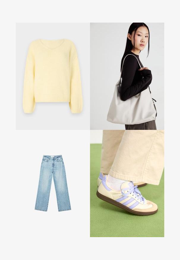 JDY JDYDINEA L/S REVERSIBLE - Strickpullover - pastel yellow; Helle blaue Denim-Jeans mit weitem Bein und hoher Taille, im lässigen Look mit einem ausgewaschenen Finish und kleinen, verstreuten Used-Effekten.; Cremefarbene und lavendelfarbene Sneakers mit drei Streifen und einer strukturierten braunen Sohle, ausgestattet mit Schnürsenkeln und einer gepolsterten Ferse. Obermaterial aus weichem Stoff.; Beige Handtasche aus weichem Material, mit einem lässigen Design, gesteppten Details und zwei Schulterriemen. Geeignet für den täglichen Gebrauch.