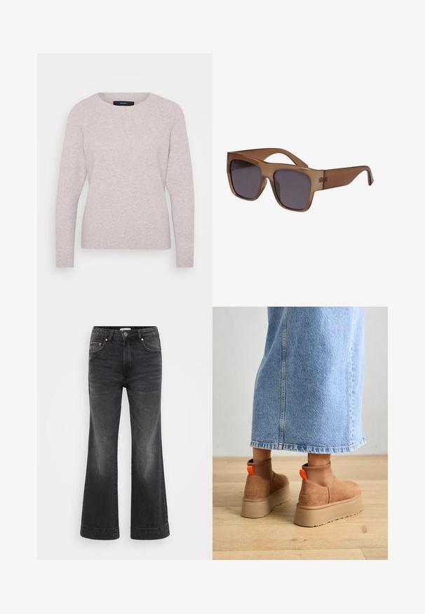 Lyserød genser med rund hals, lange ærmer og ribbede manchetter. Blødt tekstur med et diskret meleret mønster.; Svarte wide-leg jeans med høy midje, laget av denim. Har frontlommer, kobbernitter og synlig søm langs kanten.; Brune semska plattformstøvler med elastiske sidepaneler og orange rekkehalser, parret med en knelange lys denimskjørt på et tregulv.; Brune semi-transparente solbriller med firkantet ramme og mørke linser. Armene er slanke og lett buede for et moderne utseende.
