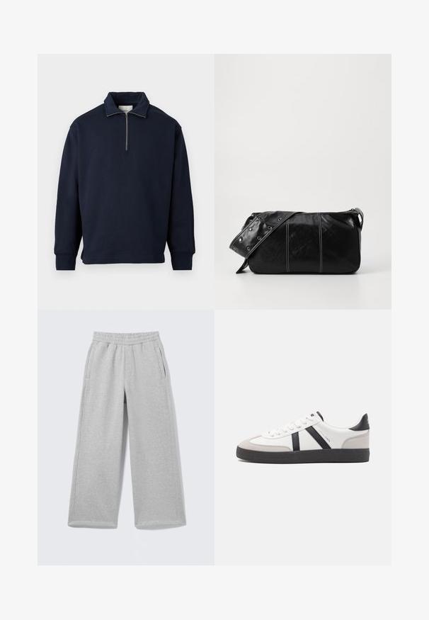 Mörkblå tröja med hög krage och halvdragkedja, tillverkad av mjukt tyg med långa ärmar och en avslappnad passform.; Ljusgrå bomullsmjukisbyxor med elastisk midja, två sidofickor och vida ben. Mjuk textur och enkla sömnadsdetaljer.; Vit sneaker med svarta och grå accenter, med en strukturerad grå tådel, svart gummisul, och platta vita skosnören. Ren design, minimalistisk stil.; Svart läder axelväska med dragkedjestängning, som har en texturerad yta, vit sömnad och ett bälte med silveröglor.