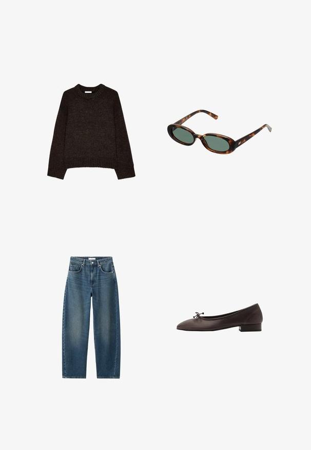 Tummanruskea neulepaita, jossa on pyöreä pääntie, pitkät hihat ja resorikärjet. Pehmeä kangas ja hieman lyhentynyt muotoilu. Ei näkyviä kuvioita.; Hihaton valkoinen mekko, jossa on pyöreä kaula-aukko ja epäsymmetrinen helma, joka laskeutuu pisteeseen toisella puolella.; Tummansiniset farkut suoran lahkeiden, viiden taskun muotoilun ja klassisen nappikiinnityksen kanssa. Pehmeä tekstuuri, jossa on hentoa kulumista.; Ruske kožne balerinke s zaobljenim vrhom i malim blok petom. Imaju tanke mašne sprijeda i suptilne šavove.; Kilpikonnakuosisuntit, joissa on soikeat kehykset ja vihreät linssit. Ominaisuuksiin kuuluu ohuet varret, joissa on metallinen korostus saranan lähellä.; Kudottu keltainen käsilaukku, jossa on kaareva yläkahva ja rakenne, joka ei ole jäykkä. Teksturoitu pinta sisältää ristikkäisen kuvion.