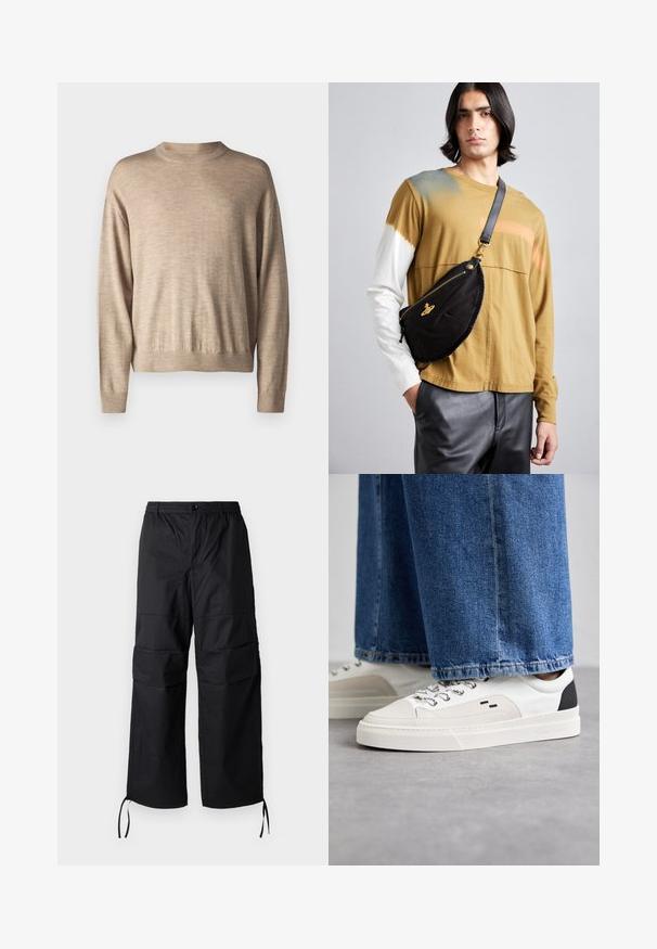 Suéter de manga larga beige hecho de una tela suave; cuenta con un cuello redondo y puños acanalados, con un corte relajado y una textura suave.; Pantalones cargo negros hechos de una tela ligera, con piernas anchas, cinturilla elástica y cordones ajustables en los puños. Dos bolsillos laterales.; Zapatillas blancas y negras con una parte superior de cuero suave, acentos texturizados y una suela blanca gruesa. Presenta un diseño clásico de cordones.; Vivienne Westwood CITY BUMBAG UNISEX - Riñonera - black