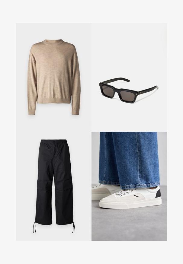 Beige Pullover mit langen Ärmeln aus weichem Stoff; hat einen runden Halsausschnitt und gerippte Bündchen, mit einem lockeren Schnitt und glatter Textur.; Schwarze Cargo-Hosen aus leichtem Stoff mit weitem Bein, elastischem Bund und verstellbaren Kordeln an den Säumen. Zwei seitliche Taschen.; Weiße und schwarze Sneaker mit einem Obermaterial aus glattem Leder, strukturierten Akzenten und einer massiven weißen Sohle. Verfügt über ein klassisches Schnürdesign.; Schwarze rechteckige Sonnenbrille mit dunklen Gläsern, dickem Kunststoffrahmen, goldenen Akzenten an den Bügeln und eingraviertem Markenlogo am Arm.